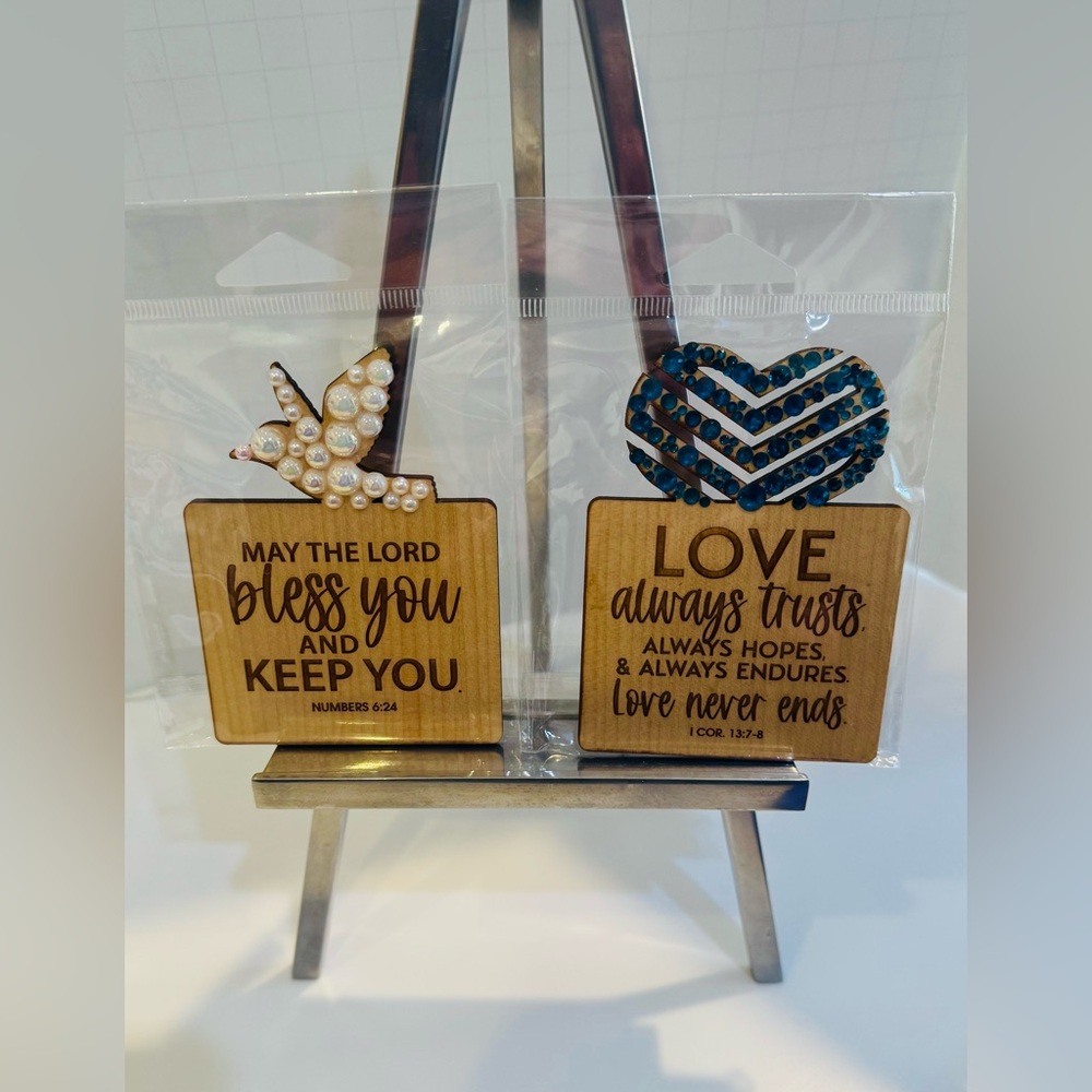 Bible Verse Magnets (Set of 2)Corinthians 13:7-8 & Numbers 6:24 w/bead accents.